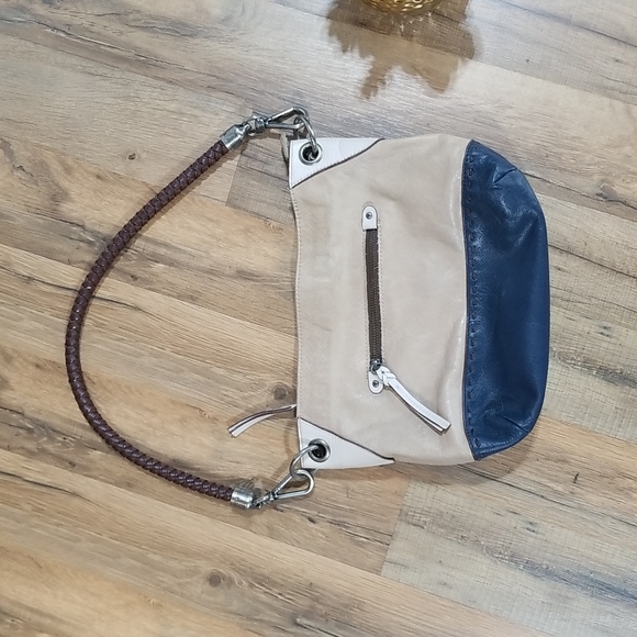 THE SAK THALIA Navy and Beige Small Leather Hobo Bag Purse with Braided Handle - Picture 1 of 16